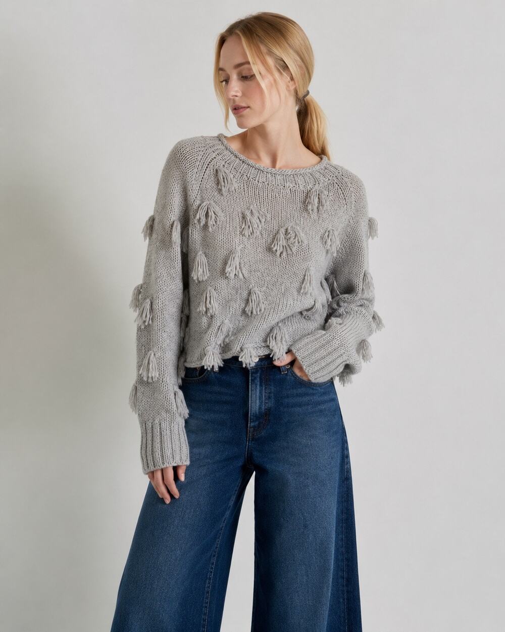 Apiece Apart | Luluc Alpaca blend Fringe Crew Sweater Grey Large